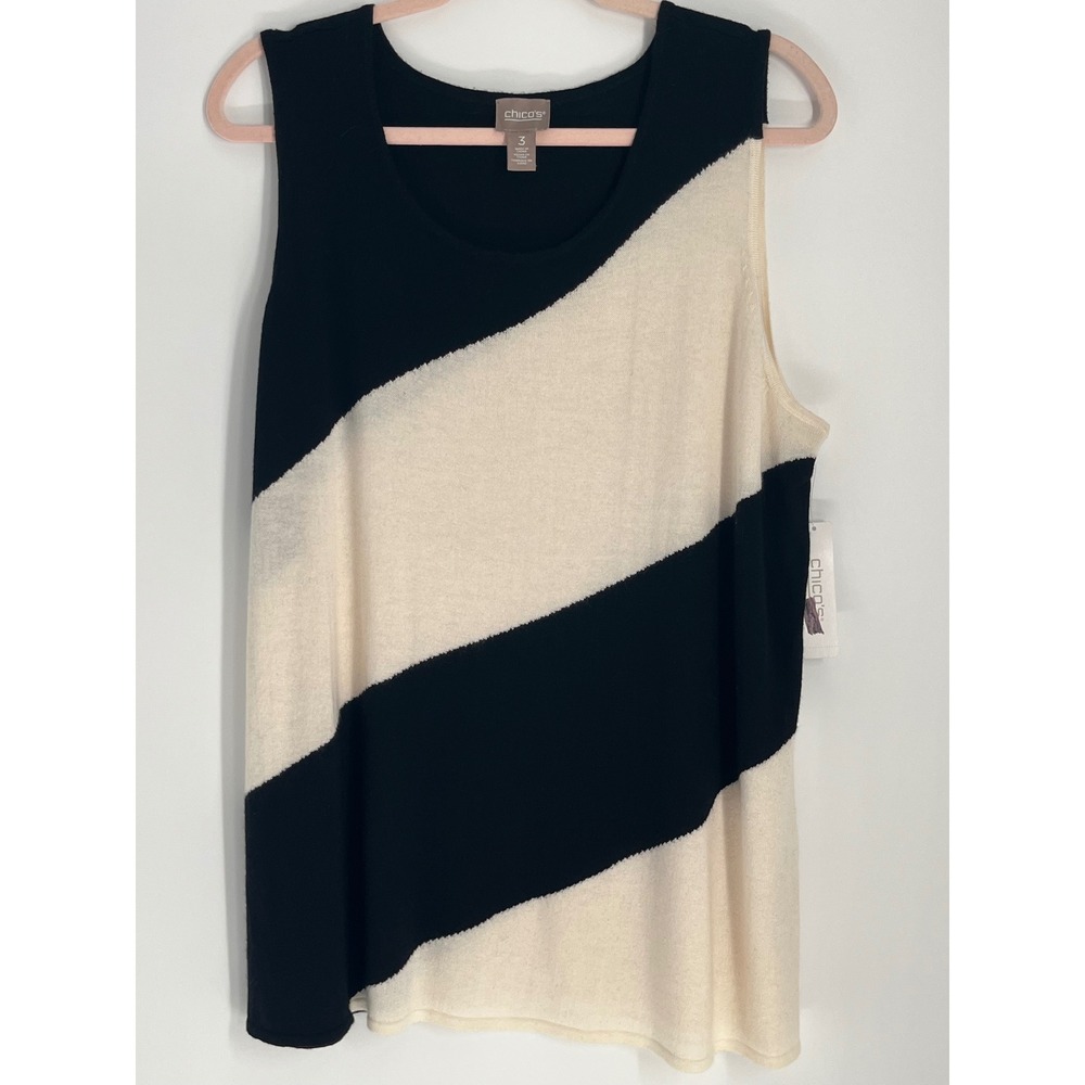 Chicos Touch of Cashmere Colorblock Shell Sleeveless Sweater Tank Black 3 XL